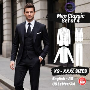 以下が含まれることがあります： 白いシャツと黒いネクタイの黒いスーツ。画像には、ブレザー、ベスト、シャツ、パンツのスーツのコンポーネントの図が含まれています。画像上のテキストは「Men Classic Set of 4」と「XS - XXXL SIZES」です。