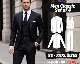 Men Suit Bundle Sewing Pattern, Blazer, Waistcoat Vest, Shirt, Pants PDF Download Pattern