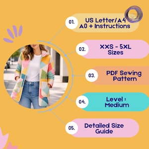 May include: A colorful quilted jacket with a hood and pockets is shown. The jacket is made of various geometric shapes in pastel colors. The image includes text that says "US Letter/A4 A0 + Instructions", "XXS - 5XL Sizes", "PDF Sewing Pattern", "Level: Medium", and "Detailed Size Guide".