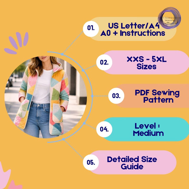 May include: A colorful quilted jacket with a hood and pockets is shown. The jacket is made of various geometric shapes in pastel colors. The image includes text that says "US Letter/A4 A0 + Instructions", "XXS - 5XL Sizes", "PDF Sewing Pattern", "Level: Medium", and "Detailed Size Guide".