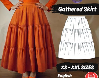Maxi Skirt Sewing Pattern, Gathered Ruffle Skirt, Layered Button for Women