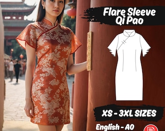 Flare Sleeve Qi Pao Sewing Pattern, Women's Floral Cheongsam Dress PDF Pattern