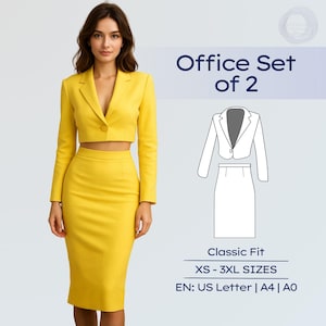May include: A vibrant yellow office set comprising a cropped blazer and a knee-length pencil skirt. The image includes a line drawing of the outfit, with text stating "Office Set of 2", "Classic Fit", and size options.