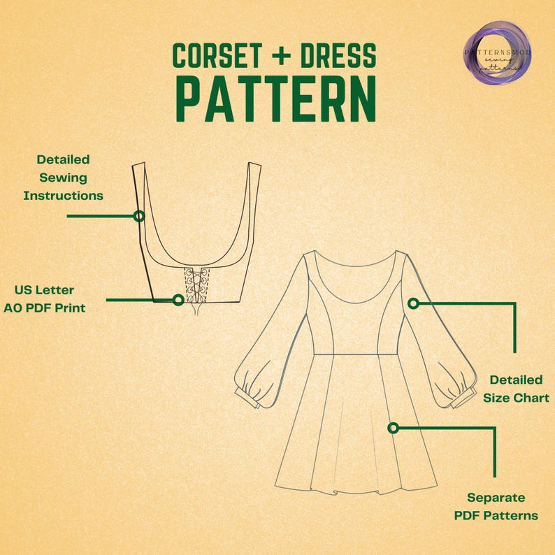 Renaissance Corset and Dress Sewing Pattern Bustier Tie Top Project, Bishop Sleeve Dress image 3