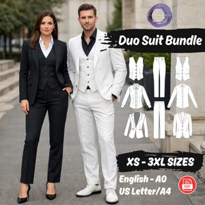 Pacchetto di 8 cartamodelli per abito classico: gilet, blazer, camicia e pantaloni.