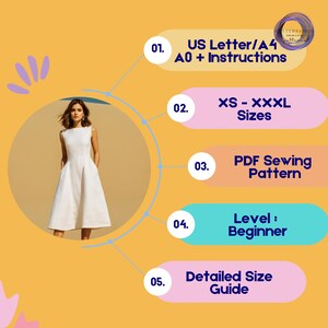 May include: A graphic illustration of a woman wearing a white dress. The image includes a list of features for a sewing pattern, including US Letter/A4 and A0 sizes, XS-XXXL sizes, a PDF sewing pattern, beginner level, and a detailed size guide.