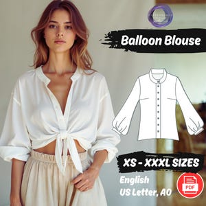 Balloon Sleeve Blouse Pattern | Oversized Puff Sleeve Shirt PDF | Button Funnel Collar Top | Loose Fit Tank Sewing Pattern