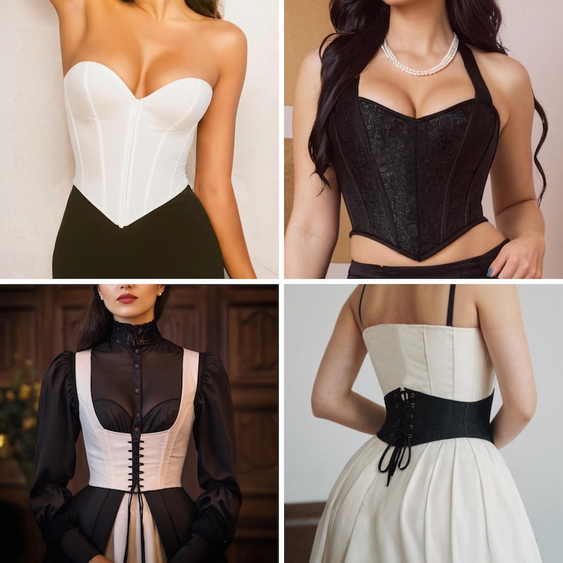 Pu&ograve; includere: Un collage di quattro corsetti in vari stili. I corsetti sono bianchi, neri e color crema. Uno &egrave; senza spalline, un altro ha un collo halter e un terzo presenta uno scollo alto. Il quarto corsetto &egrave; abbinato a un abito bianco.