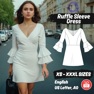 Ruffle Sleeve Mini Dress Pattern | V-Neck Summer Dress PDF | Formal Loose Fit Sewing Tutorial | Instant Download