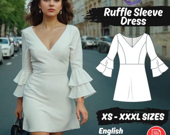 Ruffle Sleeve Mini Dress Sewing Pattern: V Neck, Loose Outfit PDF Pattern