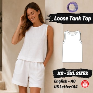 Schnittmuster für ein ärmelloses Leinenblusen-Top für Damen, leicht und locker geschnitten, für den Sommer.