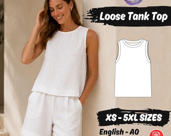 Patrón de costura para camiseta sin mangas para mujer, camisa holgada fácil, blusa de lino sin mangas para verano.