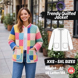 Cartamodello per giacca trapuntata da donna, cappotto patchwork trapuntato in PDF, tutorial di cucito