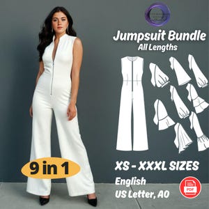 May include: A digital download of a jumpsuit sewing pattern in nine different styles. The pattern includes instructions for making a jumpsuit in various lengths and sizes from XS to XXXL. The pattern is available in English and is printed on US Letter and A0 paper sizes.
