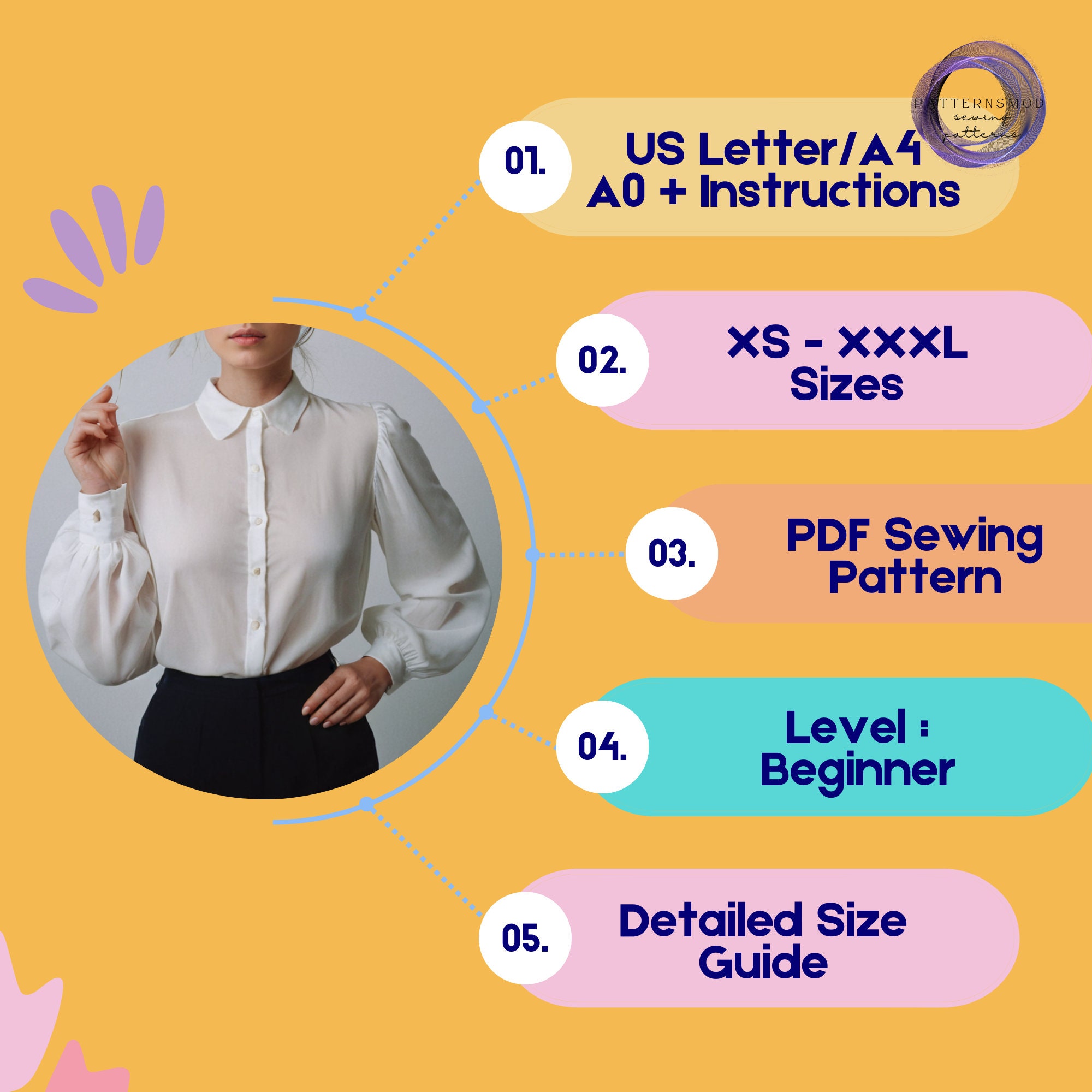 Bishop Sleeve Blouse Sewing Pattern, Round Collar T Shirt PDF Pattern ...
