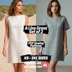 Può includere: Sono mostrati due abiti a trapezio, uno bianco e uno grigio. Gli abiti sono senza maniche e a maniche corte, rispettivamente. Il testo sull'immagine recita "A Line Dress Set of 2", "PDF Sewing Patterns" e "XS-3XL SIZES".