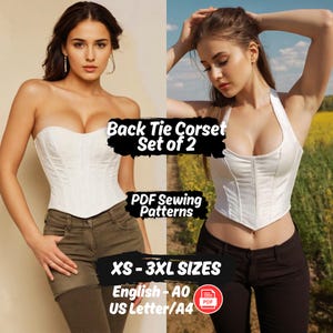 May include: Two white back tie corsets are shown. The image includes text that reads "Back Tie Corset Set of 2", "PDF Sewing Patterns", and "XS-3XL SIZES". The text also includes "English - AO" and "US Letter/A4".