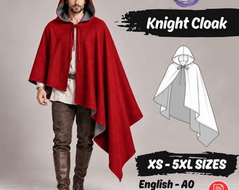 May include: A red hooded cloak with a grey lining and front tie closure. The image includes the text Knight Cloak, XS-5XL SIZES, English-A0, and US Letter/A4, alongside a technical line drawing of the cloak design.