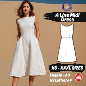 A Line Dress Sewing Pattern, Women Linen Dress Pattern, Summer Sleeveless Midi Dress PDF Pattern, Formal Easy Dress Beginner Pattern