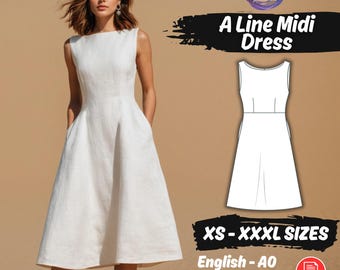 A Line Dress Sewing Pattern, Women Linen Dress Pattern, Summer Sleeveless Midi Dress PDF Pattern, Formal Easy Dress Beginner Pattern
