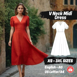 Women Linen Midi Dress Sewing Pattern, V Neckline Dress Pattern, Short Bishop Sleeve Dress Pattern, Summer Linen Dress Beginner Pattern
