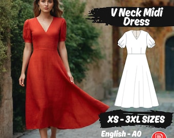 Patrón de costura para vestido midi de lino, cuello en V, manga obispo (patrón en PDF)