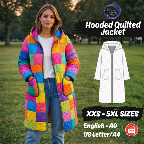 Hooded Jacket Sewing Pattern Women Quilted Coat Beginner Pattern XXS-5XL Patchwork Pockets Long Tunic