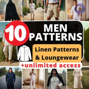 Paquete de patrones de costura para hombre: ropa de estar por casa de lino, capa, camisa, pantalones, shorts, patrón de pijama