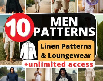 Paquete de patrones de costura para hombre: ropa de estar por casa de lino, capa, camisa, pantalones, shorts, patrón de pijama