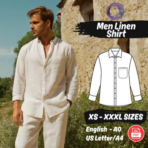 May include: A man wearing a white linen shirt and pants. The image includes a line drawing of a white button-down shirt with a pocket. Text on the image reads "Men Linen Shirt" and "XS - XXXL SIZES".