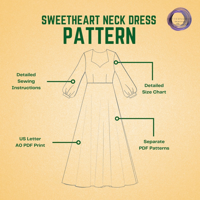 K&ouml;nnte beinhalten: Eine Zeichnung eines Schnittmusters f&uuml;r ein Kleid mit Sweetheart-Ausschnitt mit dem Text "SWEETHEART NECK DRESS PATTERN". Das Diagramm enth&auml;lt Etiketten f&uuml;r detaillierte N&auml;hanweisungen, eine detaillierte Gr&ouml;&szlig;entabelle und separate PDF-Muster.