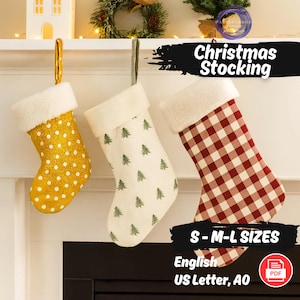 May include: Three Christmas stockings hanging from a white mantelpiece. One is gold with white polka dots, another is white with green Christmas trees, and the third is red and white checkered. The text "Christmas Stocking" is above the stockings.