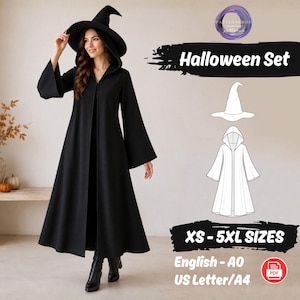 May include: A black hooded cloak with long flared sleeves and a matching pointed witch hat. The image includes text reading Halloween Set, XS-5XL SIZES, English-A0, and US Letter/A4, alongside a white line drawing of the hat and cloak.
