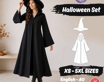 Patrón de costura para conjunto de bruja: capa con capucha y mangas acampanadas, sombrero de mago de Halloween. Tutorial de costura para principiantes.