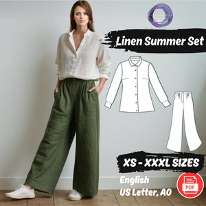 Pode incluir: Um padrão de costura digital para um conjunto de verão de linho, incluindo uma camisa e calças de perna larga. O padrão está disponível nos tamanhos XS-XXXXL e é impresso em papel tamanho carta dos EUA. O padrão está em inglês e inclui um ícone PDF.