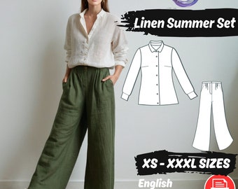 Pants + Blouse Sewing Pattern | Wide Leg Linen Trouser Pattern | Easy Digital PDF | Instant Download