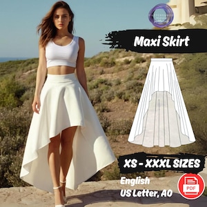 Pode incluir: Uma mulher usa uma saia longa branca e um top curto. A saia tem uma bainha assimétrica. A imagem também mostra um padrão de costura para a saia, com o texto "Maxi Skirt" e "XS - XXXL SIZES".