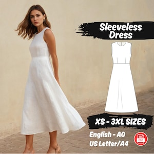 Frauen Leinen Maxi Kleid PDF Schnittmuster, ärmelloses Cottagecore Kleid Schnittmuster, Sommer einfaches Kleid Anfänger Schnittmuster