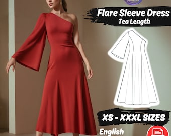 One Shoulder Flare Sleeve Maxi Dress Sewing Pattern XS-3XL Pattern
