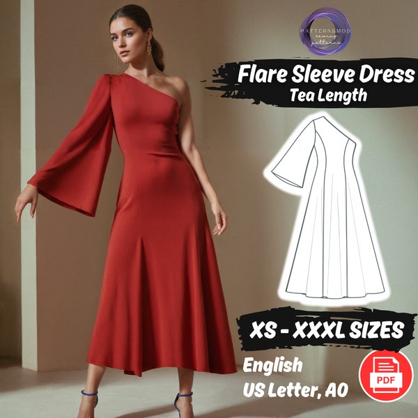 Full Flare Sleeve Dress Sewing Pattern One Shoulder Maxi Dress Sewing Pattern | XS - 3XL Instructions Pattern