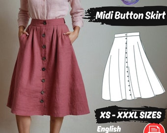Button Linen Skirt Pattern, Symmetrical Cottagecore Design Skirt XS-XXXL PDF Project