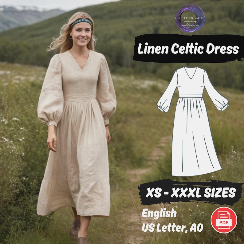 Puede incluir: Una mujer con un vestido celta de lino beige con cuello en V y mangas largas abullonadas. El vestido tiene una cintura entallada y una falda fluida. La imagen tambi&eacute;n incluye un patr&oacute;n de vestido y el texto "Linen Celtic Dress" y "XS - XXXL SIZES".