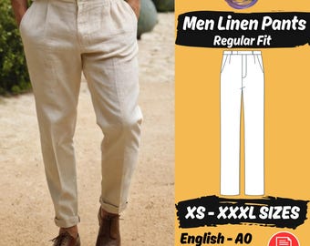Men Pants Sewing Pattern, Linen Trousers Beginner Friendly Tutorial, Regular Fit Pants XS - 3XL