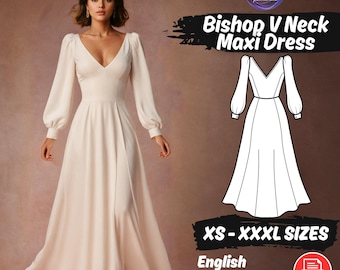 V Neck Maxi Dress PDF Sewing Pattern Bishop Sleeve Prom Dress Pattern Women Graduation Dress Pattern Cottagecore Dress Sewing Tutorial