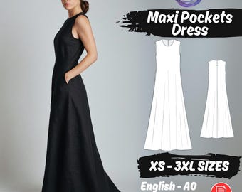 Long Maxi Pocketed Dress PDF Sewing Pattern, Sleeveless Casual Outfit for Girls Beginner Friendly
