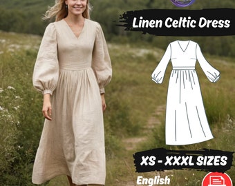 Gathered Linen Dress Pattern V Neck Bishop Sleeve Dress Pattern Tea Maxi Dress Sewing Pattern | Celtic Dress