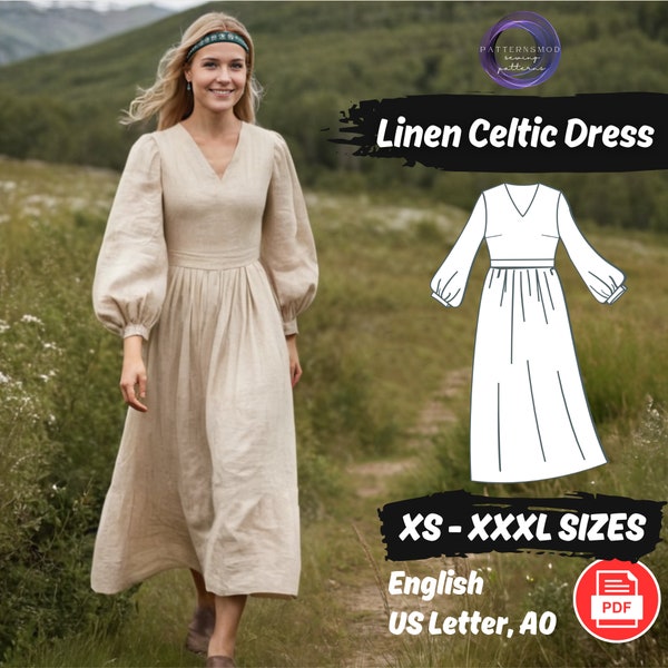 Gathered Linen Dress Pattern V Neck Bishop Sleeve Dress Pattern Tea Maxi Dress Sewing Pattern | Celtic Dress