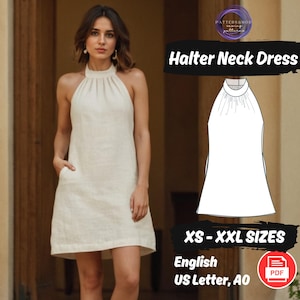Puede incluir: Un patrón de costura para vestido blanco con cuello halter, tallas XS a XXL. El patrón está disponible en inglés y se imprime en papel tamaño carta de EE. UU. El patrón se muestra en una modelo que lleva el vestido.