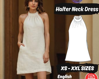 Linen Halter Neck Mini Dress Sewing Pattern with Pockets Instant Download Pattern