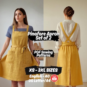 Pinafore Apron Sewing Pattern Set, Women Linen Apron Sewing Pattern, Kitchen Apron PDF Pattern, Easy Cottagecore Apron Sewing Instructions